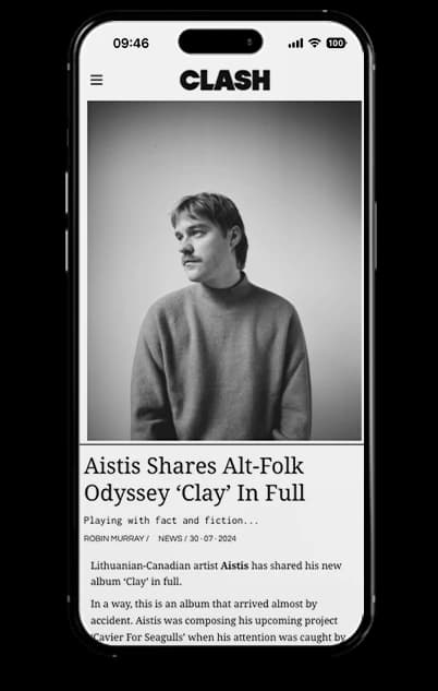 Mobile screenshot of CLASH coverage for Aistis' album Clay