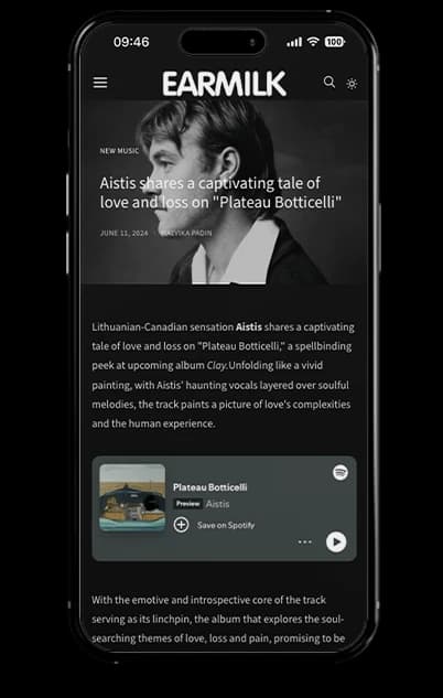 Mobile screenshot of EARMILK coverage for Aistis' single Plateau Botticelli