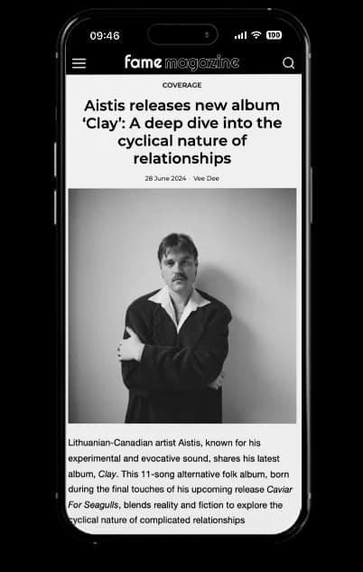 Mobile screenshot of Fame Magazine coverage for Aistis' album Clay