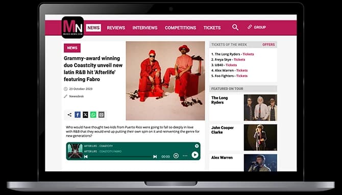 Laptop mockup showing Music News coverage of Coastcity’s After Life featuring FABRO