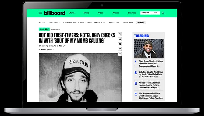 Laptop mockup of Billboard’s coverage of Hotel Ugly
