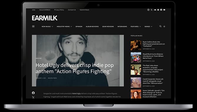 Laptop mockup of EARMILK’s coverage of Hotel Ugly