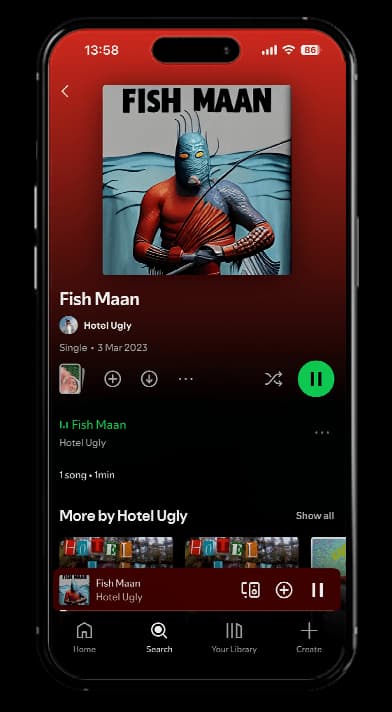 Phone mockup showing Hotel Ugly’s Fish Maan single on Spotify
