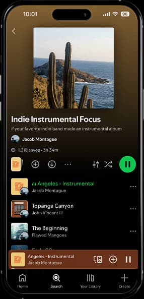 Indie Instrumental Focus playlist open in Spotify on a phone