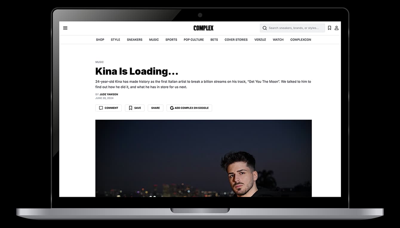 Kina Is Loading, the Complex interview with Kina, displayed on a laptop