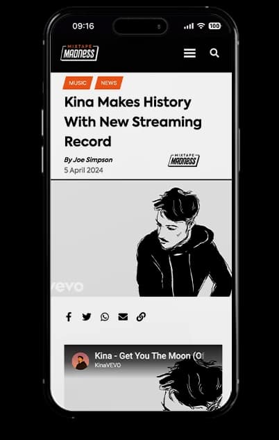 Mixtape Madness reporting Kina’s new streaming record, displayed on a phone