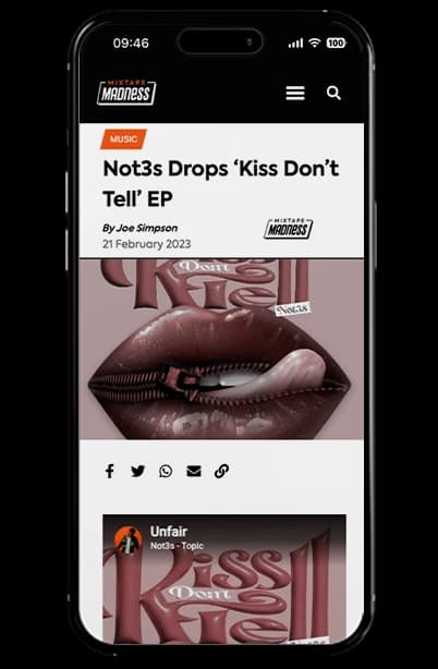 Phone mockup of Mixtape Madness coverage of Not3s’ Kiss Don’t Tell EP