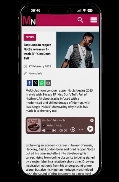 Phone mockup of Music News coverage of Not3s’ Kiss Don’t Tell EP
