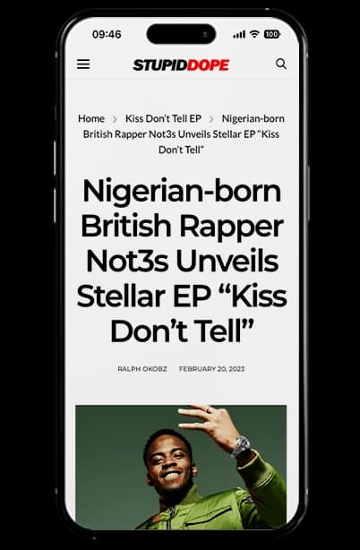 Phone mockup of StupidDope coverage of Not3s’ Kiss Don’t Tell EP