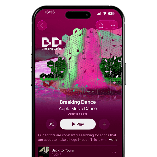 Apple Music’s Breaking Dance playlist displayed on a phone