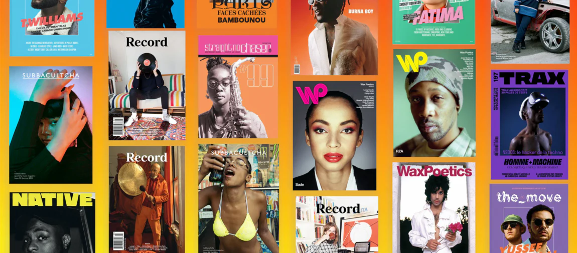 Collage of magazine covers featuring diverse artists, musicians, and cultural figures, including publications like Wax Poetics, Record, The Move, and Subbacultcha, against a gradient orange and yellow background.