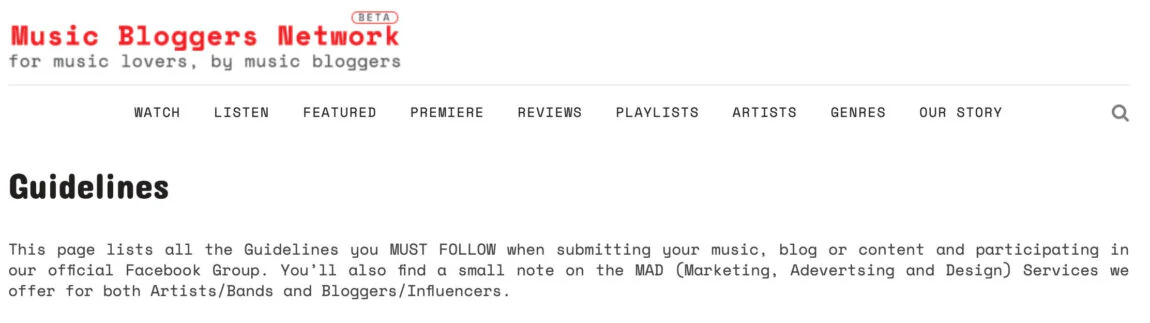 Screenshot of the Music Bloggers Network guidelines page, detailing submission rules for music, blogs, and content, along with a note about their marketing, advertising, and design services for artists, bands, and bloggers.